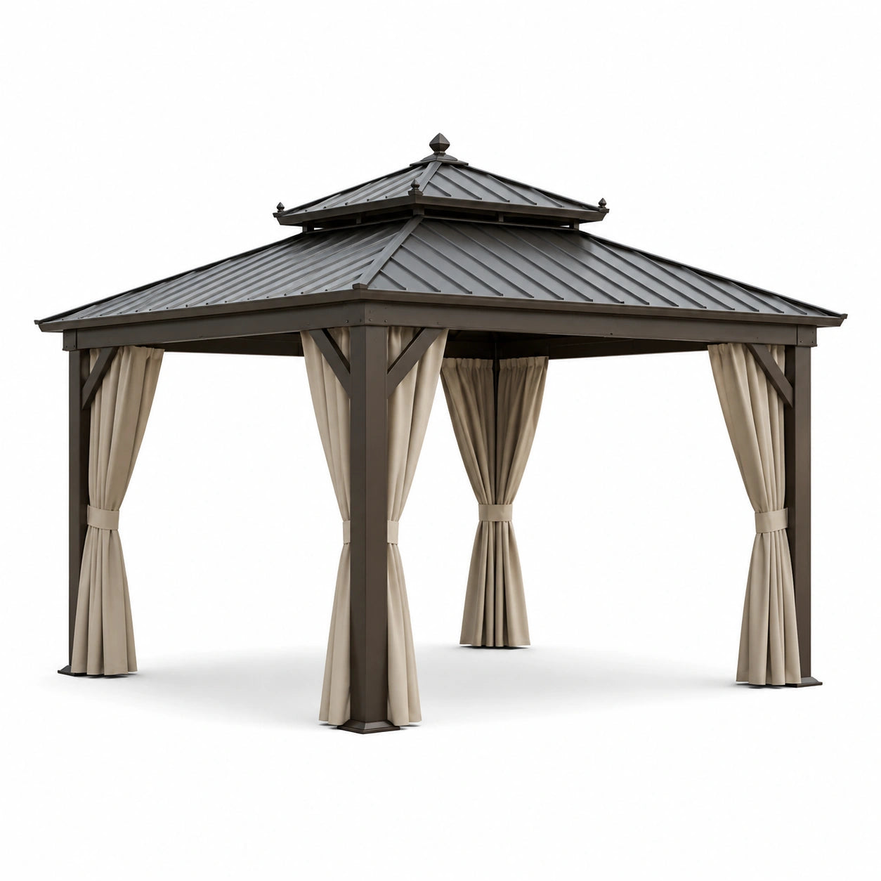 Pavillon en métal avec rideaux en polyester marron et beige